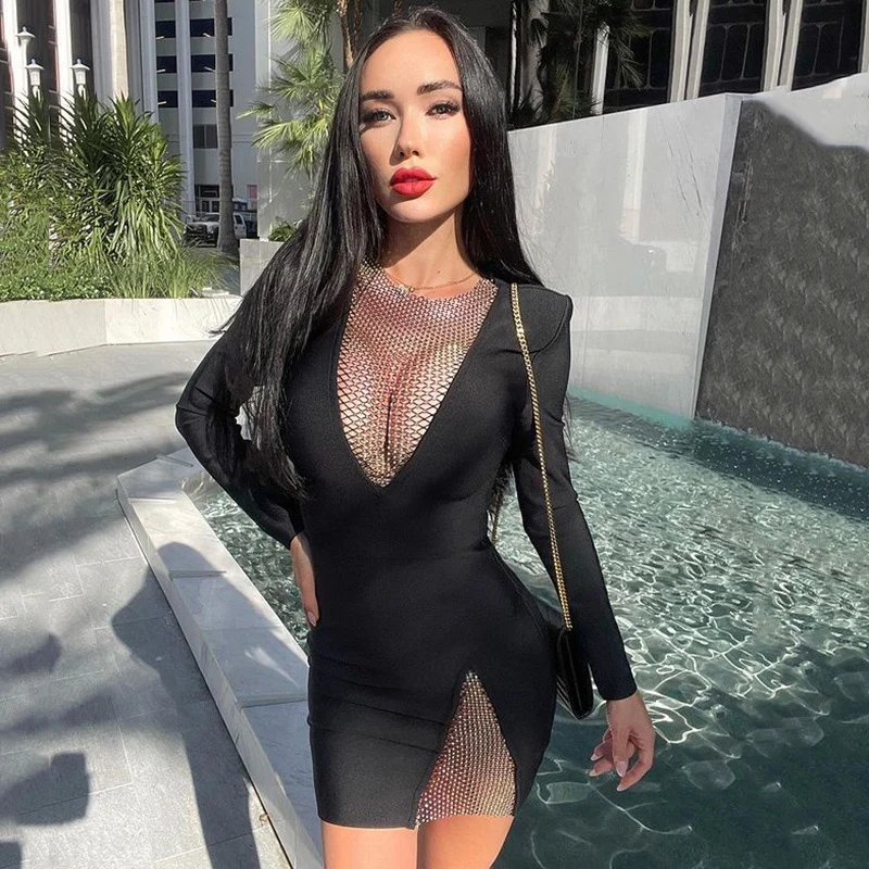 W-S526A Women Mini Bandage Dress Hollow Out Fishnet Rhinestone Party Dresses