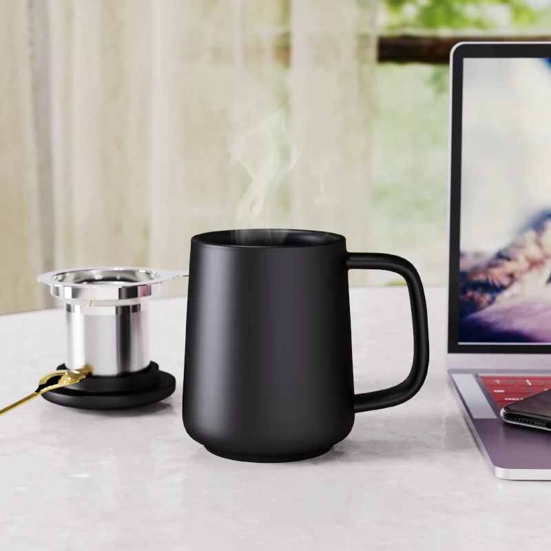 DHPO Custom Logo Black Milk Tea Cup Set Ceramic Class Porcelain Cup with Tea infuser Stainless Steel Portable Tea Mug