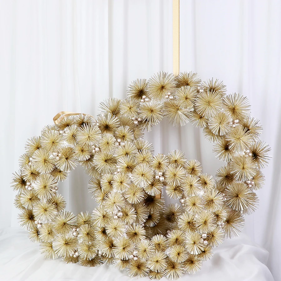 Wholesale champagne gold Christmas Wreath with glitter pompom flower Home pendants