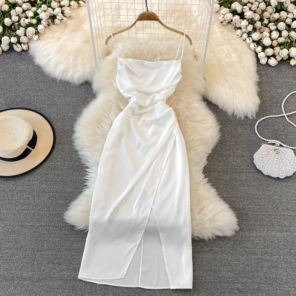 ZL0002 Solid Colour Strapless Midi Party Dresses for Women Sexy Pleated Split Prom Dress in Woven Cloth with Pattern Decoration