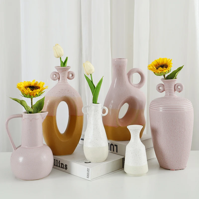 New design table decoration glazed pink bottle shape matte nordic handmade ceramic clay floral vase