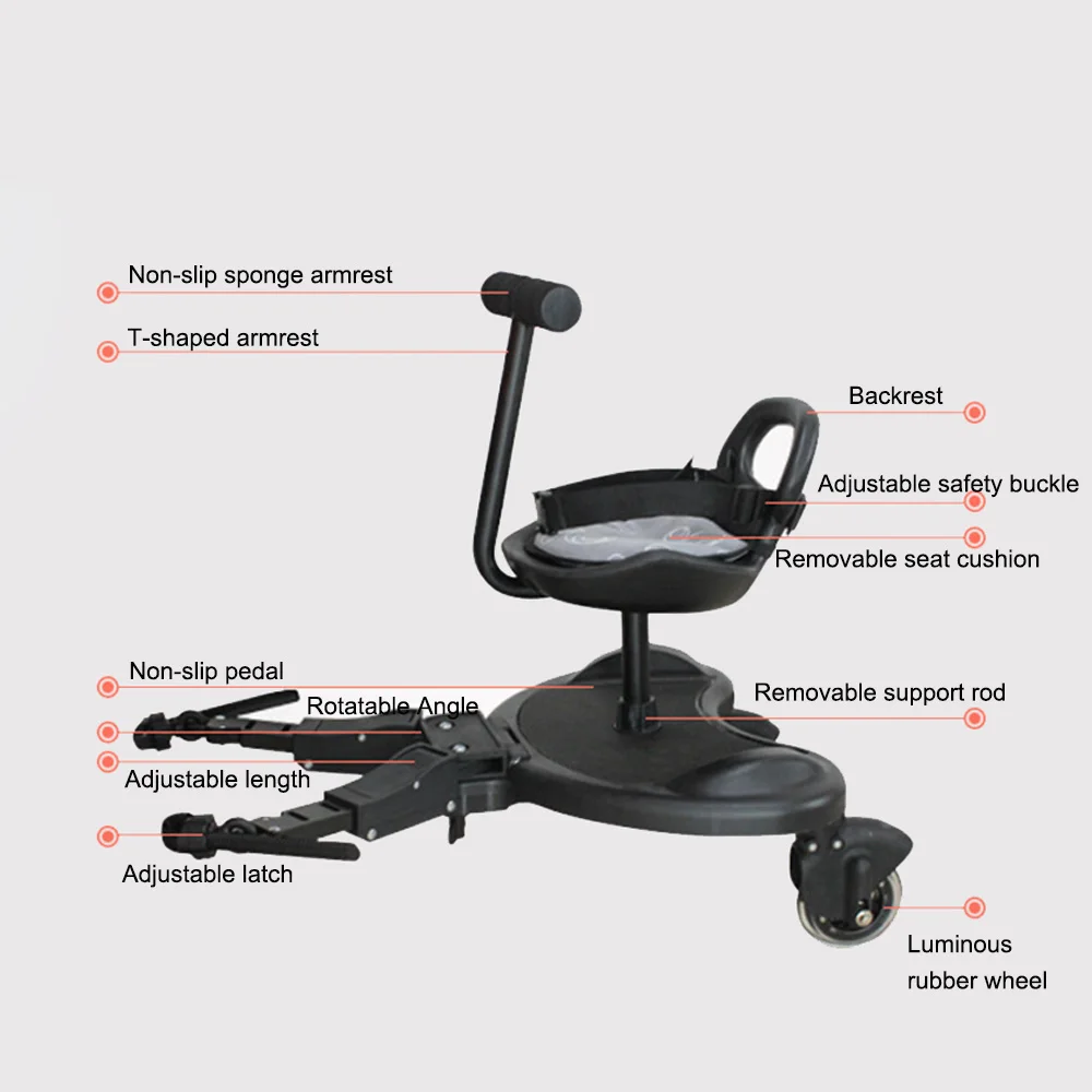 Adjustable 2-in-1 Detachable Seat Kids 3 Years Old Foldable 20kg Load Capacity Universal ABS Buggy Board For Baby Strollers