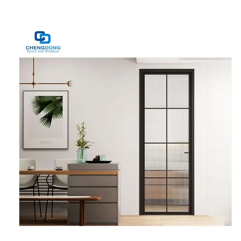 Crittall Modern Black Metal Narrow Frame Interior Stained Glass Aluminum Hinged Swing French Single Door For Office