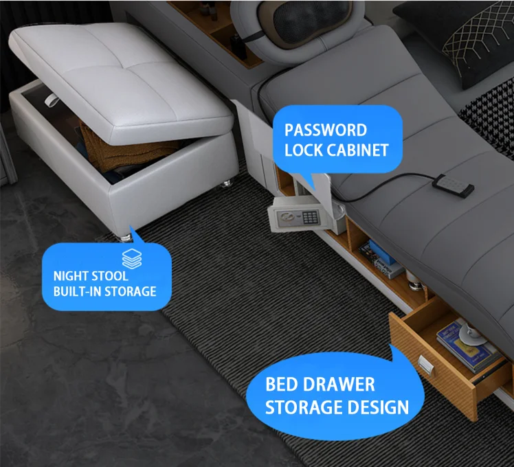 2024 High quality luxury leather Smart Bed Multi-functional bed Bedroom furniture Hotel King bed with storage