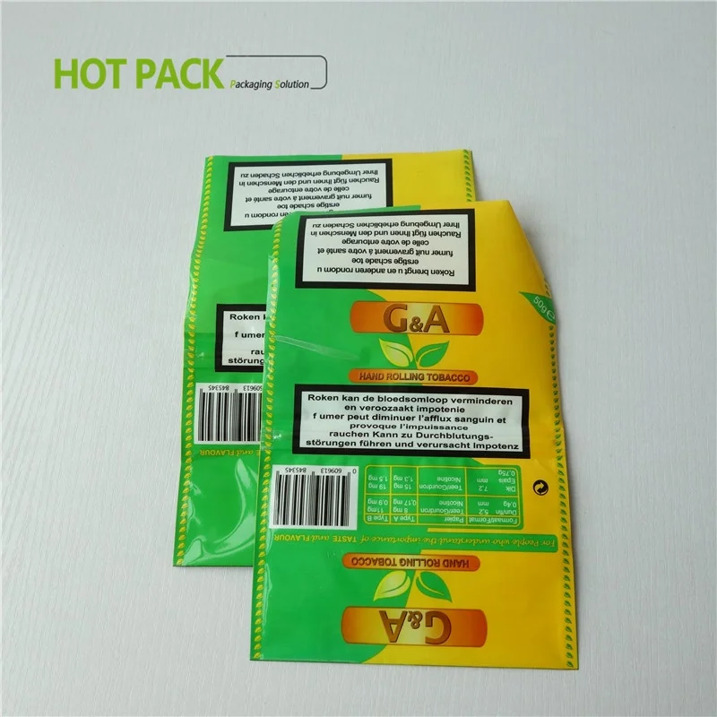 factory price empty golden leaf rolling tobacco pouches with zipper/OEM hand rolling tobacco pouches made in China