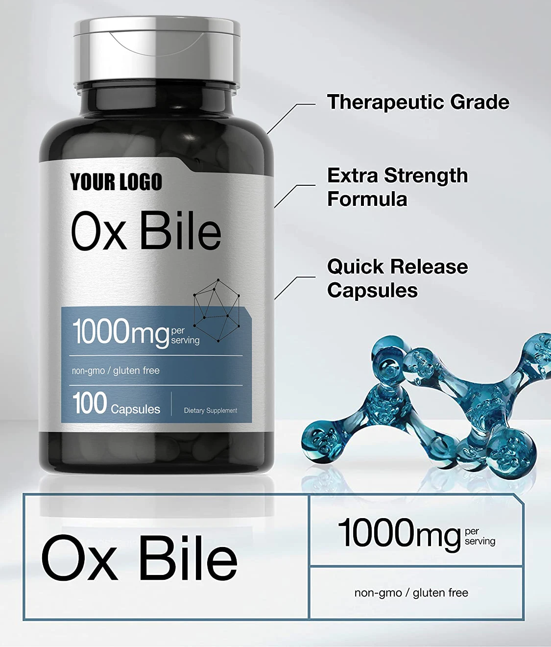 100% pure Non-GMO & Gluten Free Ox Bile 1000 mg Capsules Digestive Enzymes Supplement for digestive assists