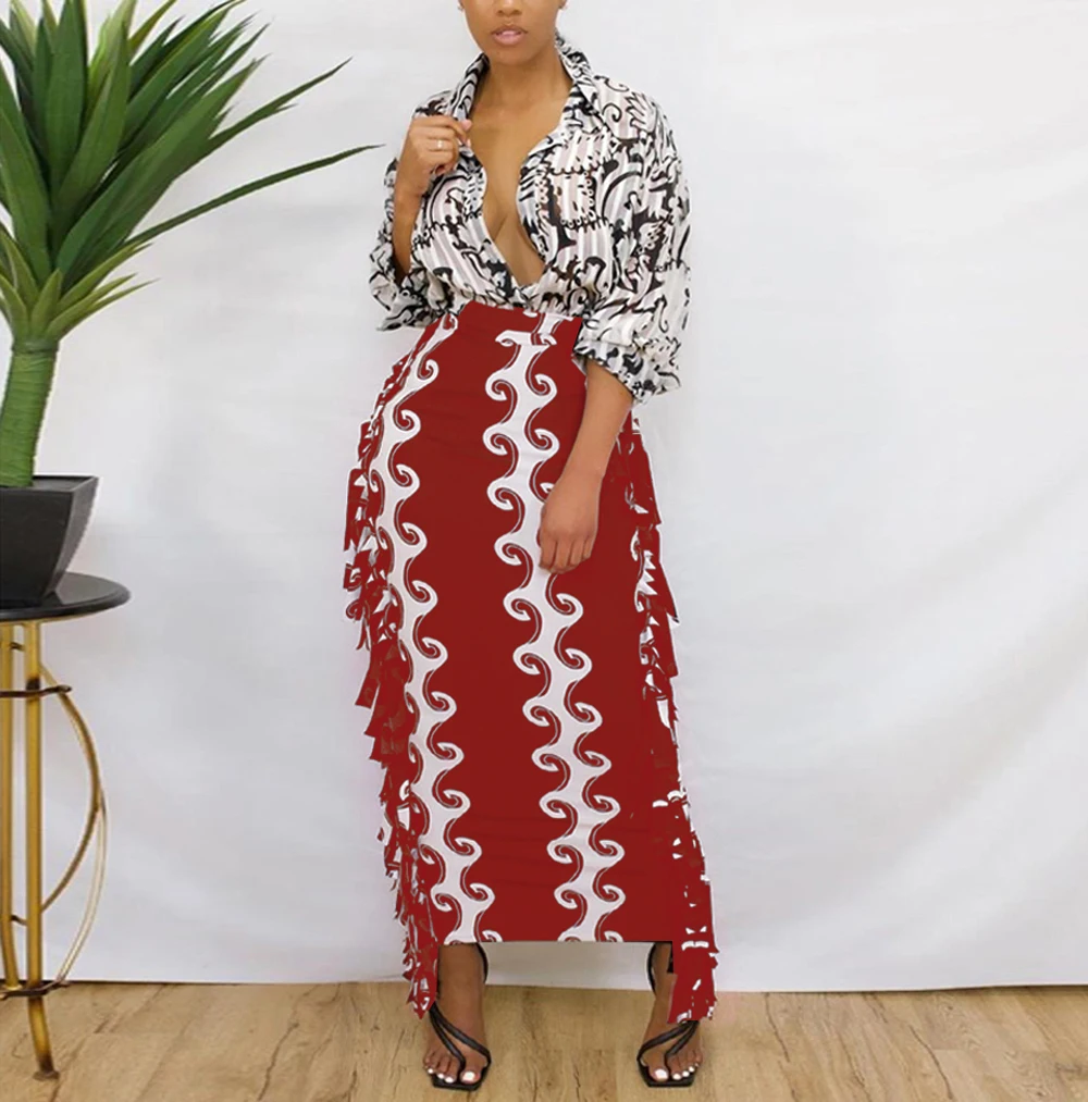 Fall Clothing Women Casual Color Block High Waist Tassel Pencil Long Maxi Skirts Mid-length Skirt