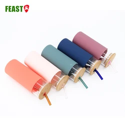Wide Mouth Reusable Cups Fast Delivery Silicone Sleeve Glass Water Cup Bamboo Lid Glass Bottle With Bamboo Straw