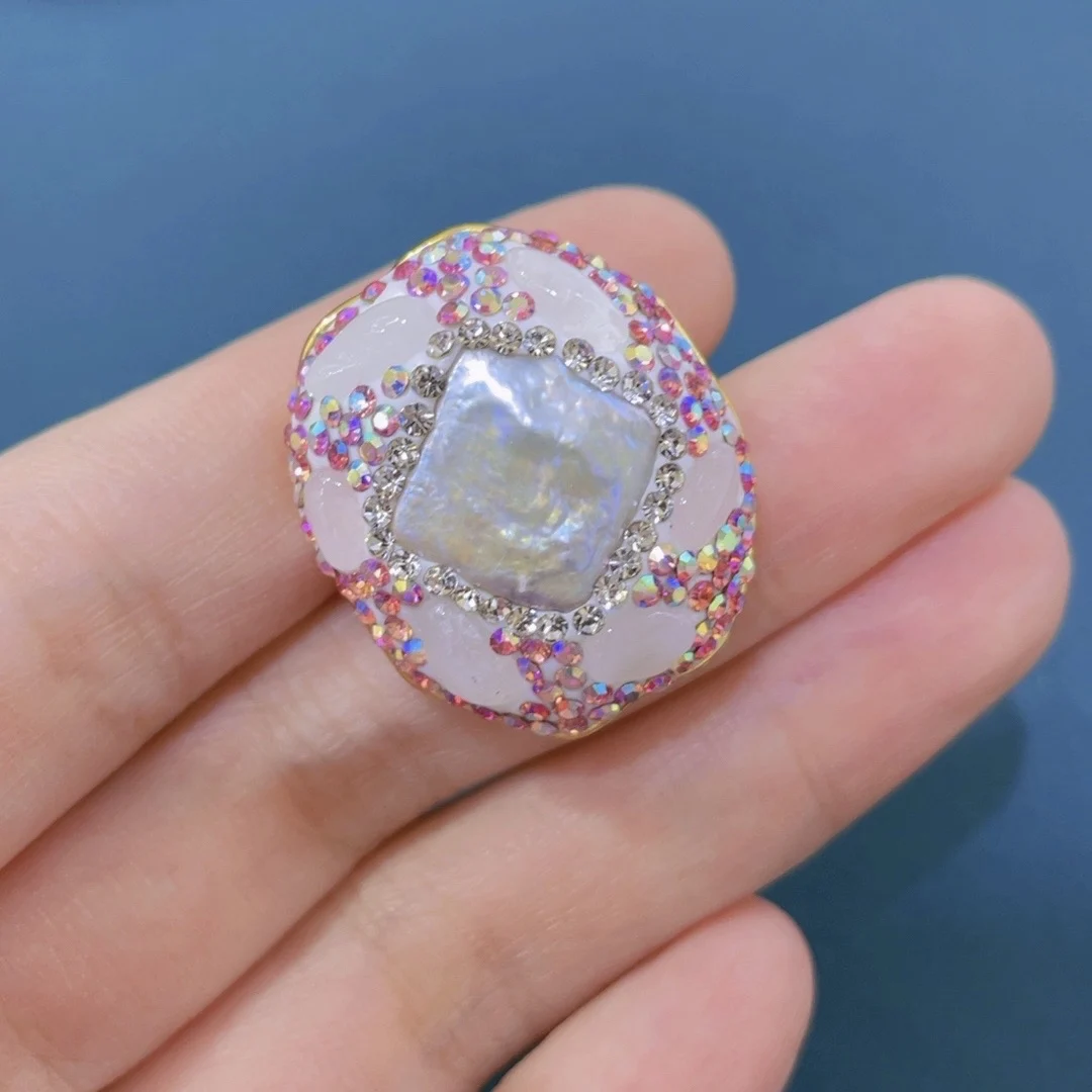 New Arrival Keshi Pearl With Pink Color Stone Rings Fashion Women Jewelry Gifts