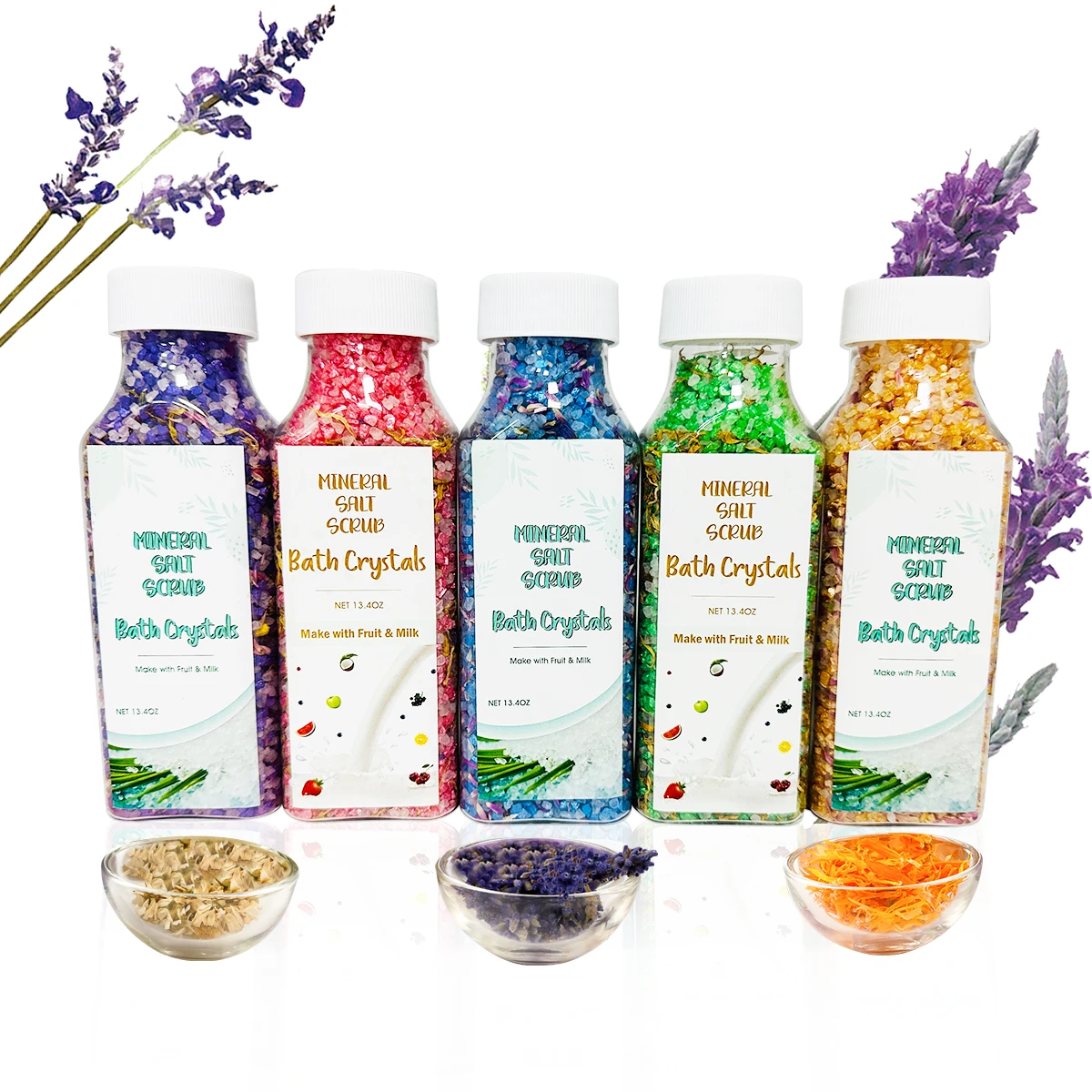 Factory Private Label Relaxing Vegan Lavender Organic Essential Oil Bath Salts with Flowers Accept Quick Shipment
