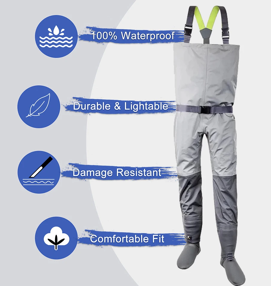 Customized Waders 3 Layer 5 Layer Fly Fishing Breathable Fabric Foot Pvc Neoprene Fishing Chest Wader Suit