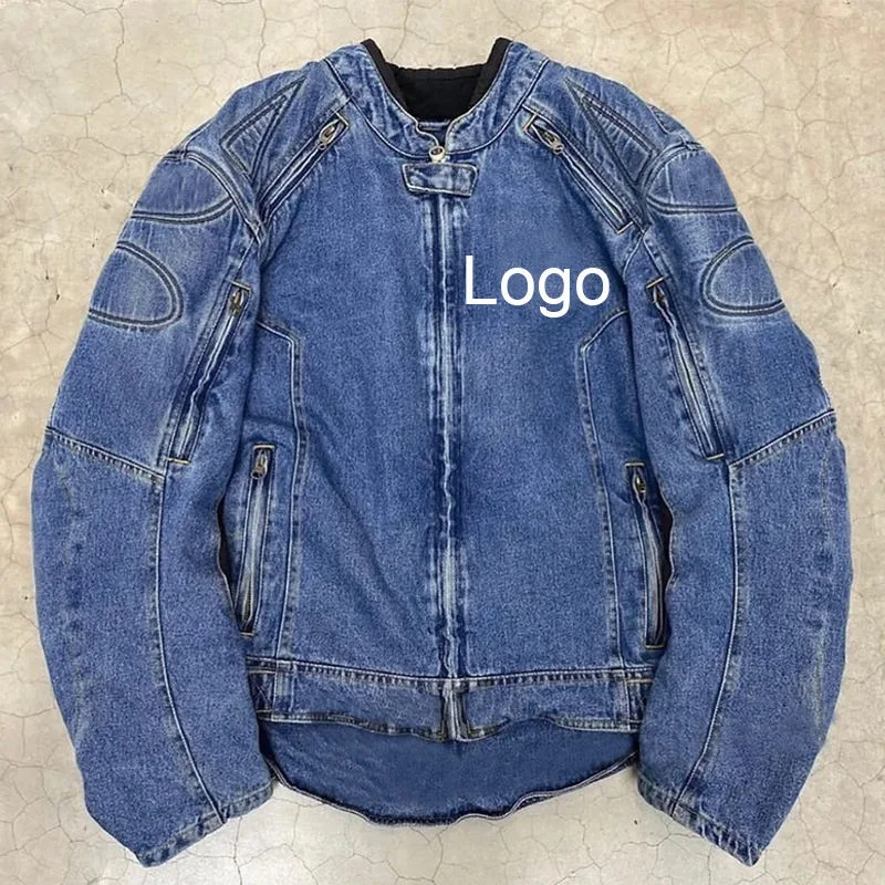 Customized High Quality Zip Up Denim Jacket Oversized Vintage Streetwear Racing Motorcycle Streetwear Jean Denim Jacket Men