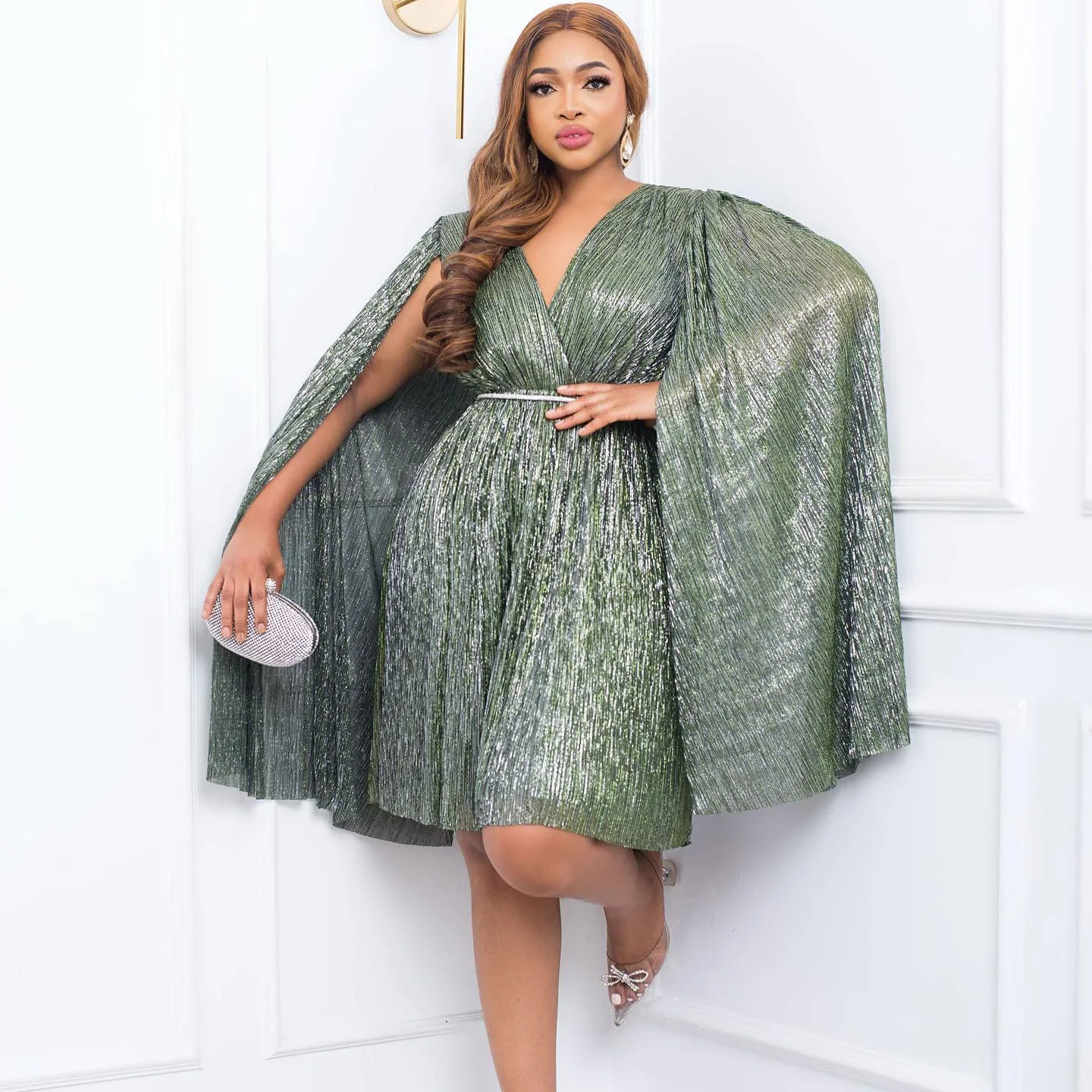 C8543 Latest Design Formal Dress For Women V-Neck Long Cloak Sleeve Waist Close Party Dresses Women Prom Dress With Belt