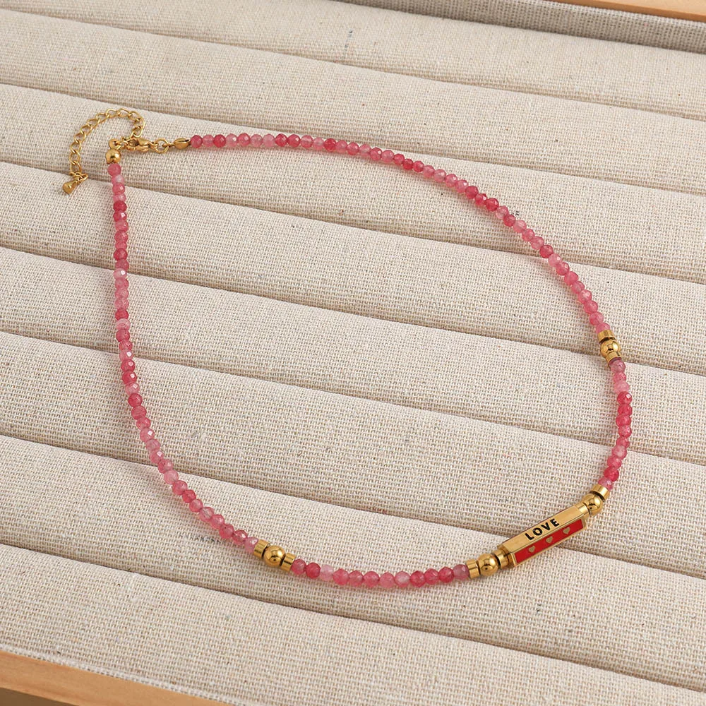 Stainless steel real gold plated LOVE pendant watermelon red natural stone bead necklaces for women new arrival 2024 women