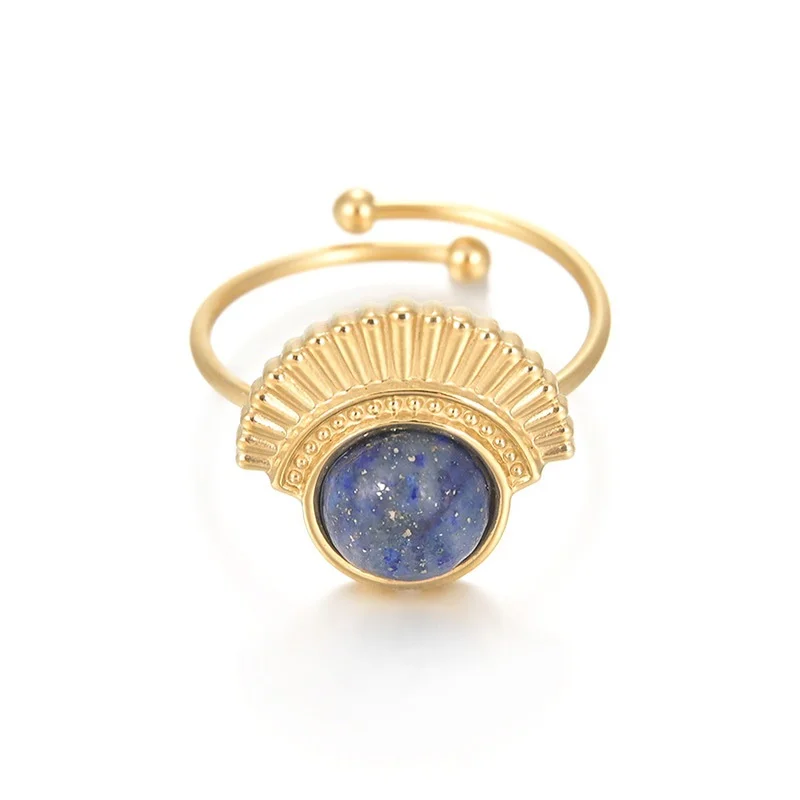 Vintage Jewelry No Fade 18k Gold Plated Starry Sky Tophus Adjustable Ring Stainless Steel Fan Shaped Lapis Lazuli Open Ring