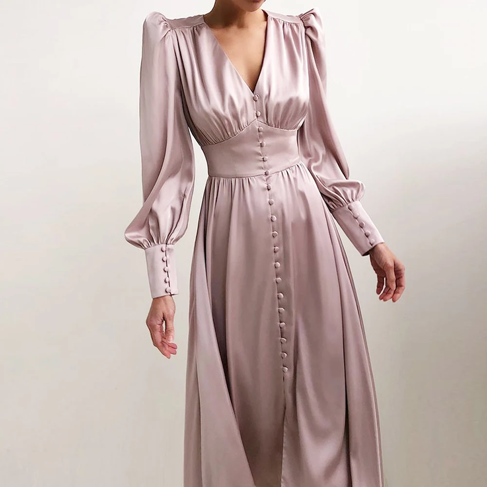 Court Elegant Ladies Long Dress Lantern Sleeve Button Dress Elegant Slim Fit Satin Side Slit Fashion Prom Dresses