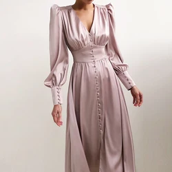 Court Elegant Ladies Long Dress Lantern Sleeve Button Dress Elegant Slim Fit Satin Side Slit Fashion Prom Dresses