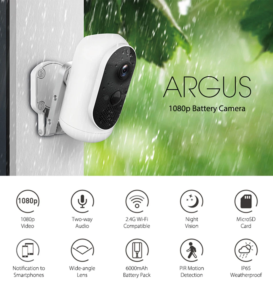 Умная IP-камера EKEN Argus 1080P с пассивным ИК-датчиком, Wi-Fi, двусторонней аудиосвязью, IP65, 6000 мАч