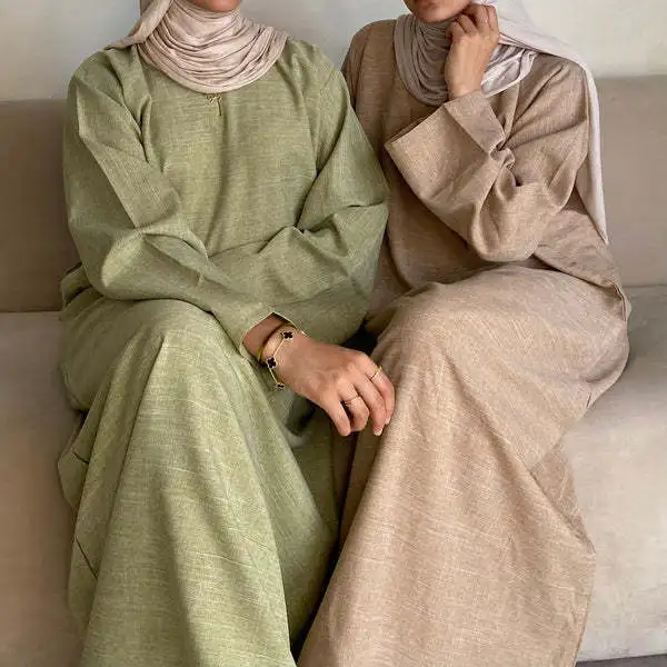 2023 The New Fabric Designs Plain Color Closed Linen Abaya Dress Muslim Linen Abaya Coat Kimono For Women Dress