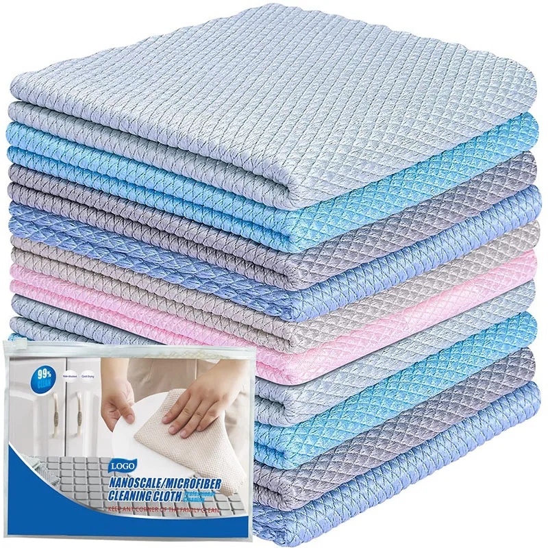 Custom Logo Fish Scale Glasses Kitchen Dish Anti-grease Wiping Rags Towels Fish Scale Microfiber Household Cleaning Cloths