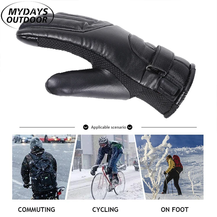 Mydays Tech Full Finger Touch Screen Leather Waterproof Heated Riding Gloves Outdoor Sports Heating Gloves Bicycle Glove