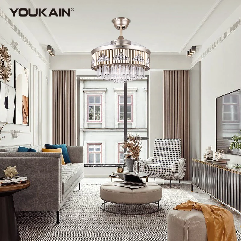 Luxury European Fancy crystal Folding Transparent Hidden Blade Led Invisible Ceiling Fan Lamp With Light