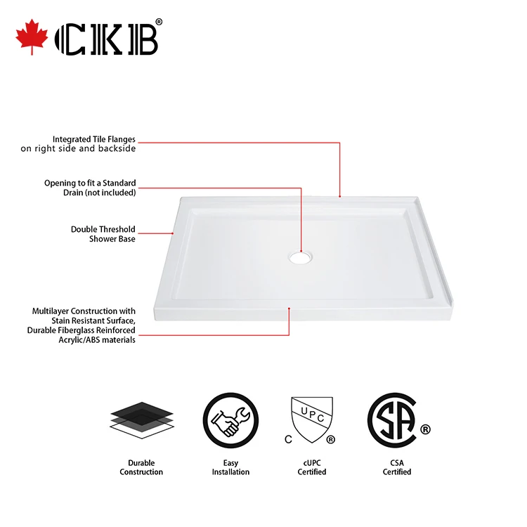 CKB OEM ODM 5 Years Warranty Double Threshold Flat Surface Rectangle ABS White Bathroom Shower Tray
