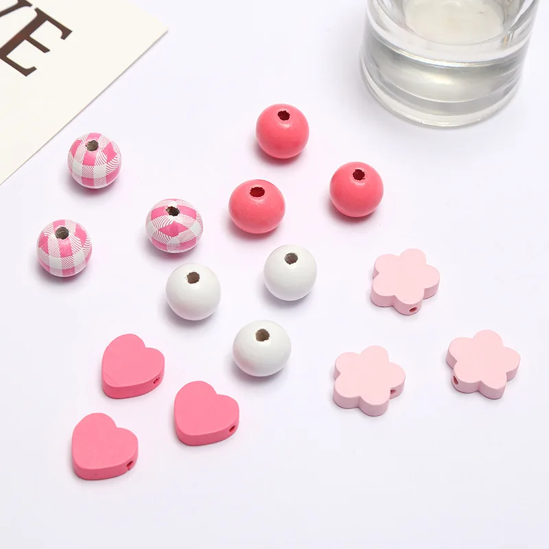 200 pcs Wholesale Pink Flowers, Love Shaped Loose Wood Beads For DIY Bead Bracelet