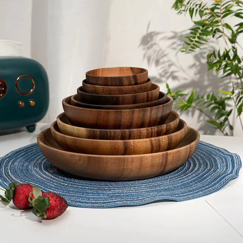 Custom Logo Vintage Grain Pot-bellied Wood Cutlery Set Wooden Bowls And Cutlery wooden salad Acacia  bowl