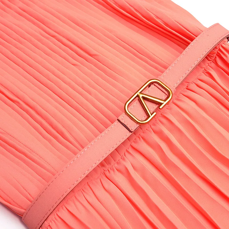 
2021 Spring Round O Neck Sleeveless Lace Up Waist Full Body Pleated Cloak Long Dress 