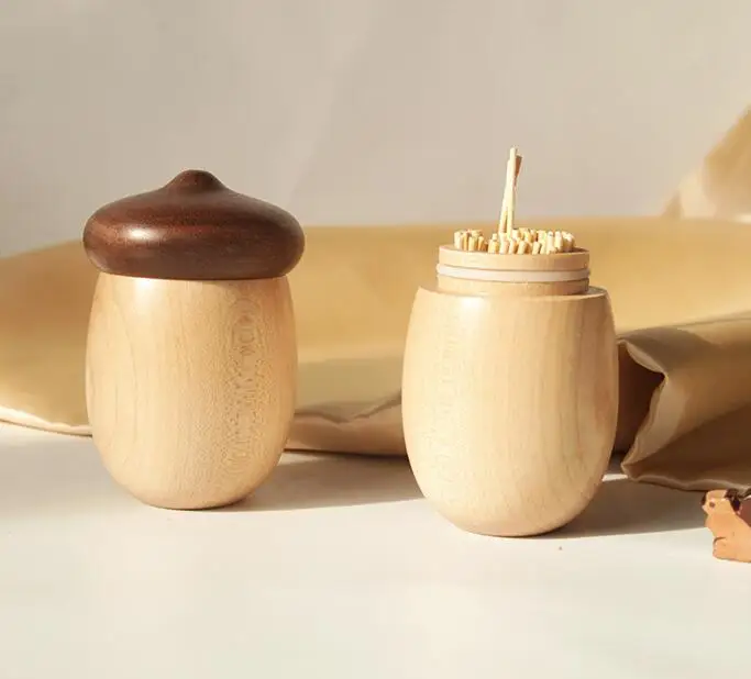 2023 Customized Cartoon Small Cute Mushroom Shape Black Walnut Cotton Swab Box Solid Beech Wood Holder Storage Box Toothpick