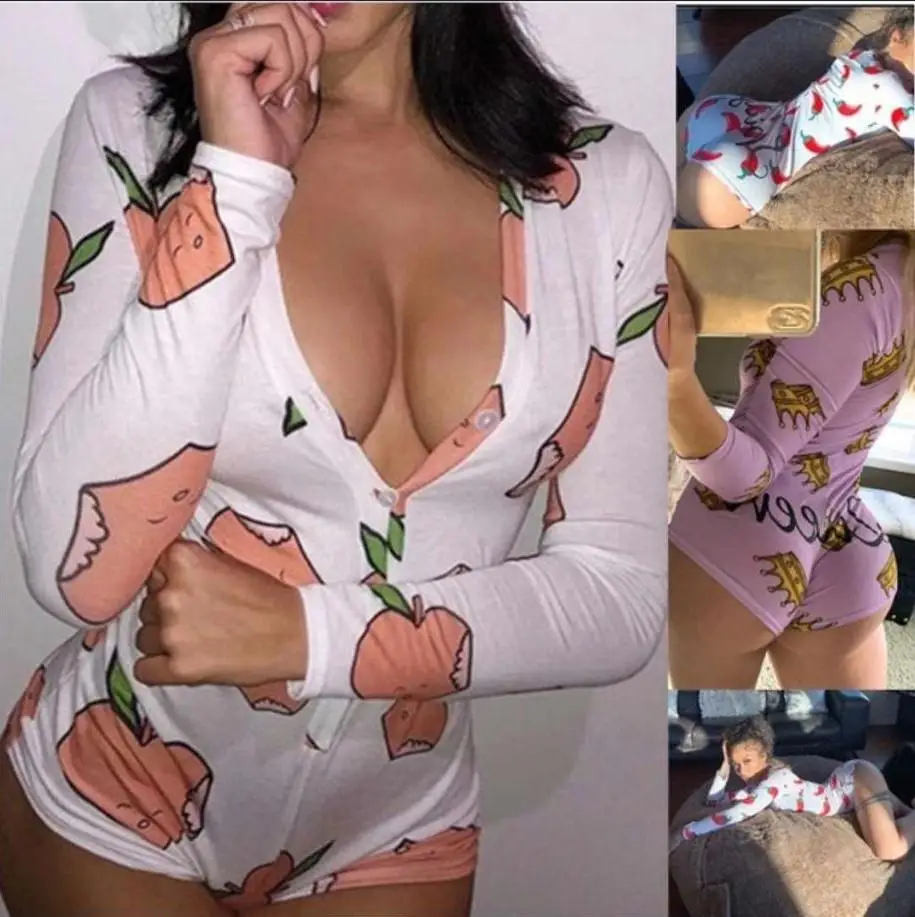 Hot Sale bodysuit long sleeve pajamas jumpsuit printed cotton women onesie nightwear Sexy pyjamas