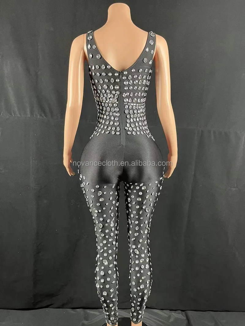 NOVANCE Y2141-B Jumpsuit Women Plus Size Diamond Crystal Bling Bodysuit Black Heel Leggings Square Collars Apparel Womens Wear