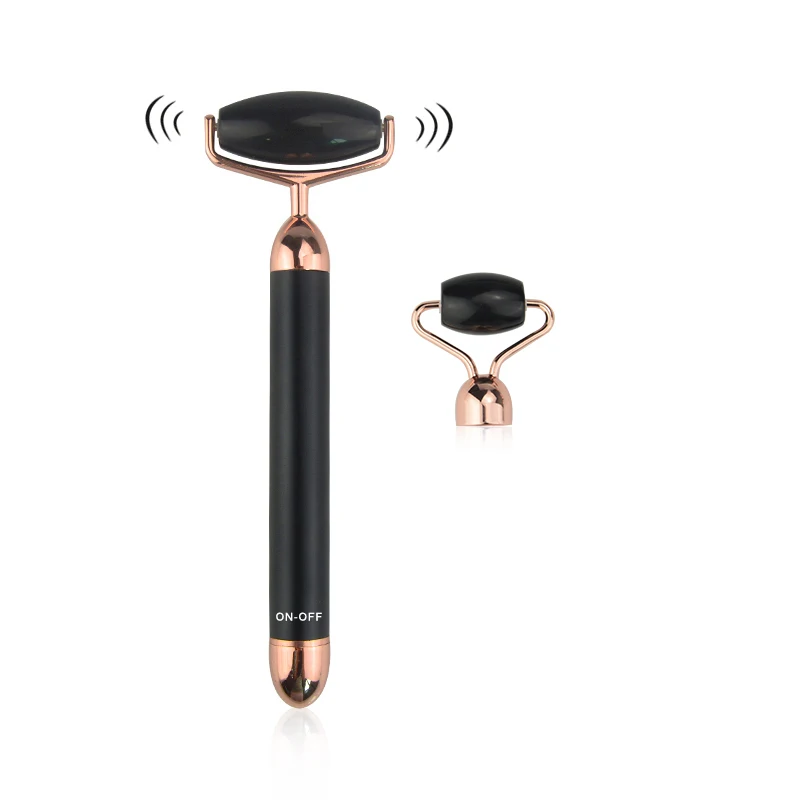 Оптовая продажа, электрический ролик из розового кварца с логотипом на заказ для лифтинга лица, вибрационный нефритовый ролик для массажа лица