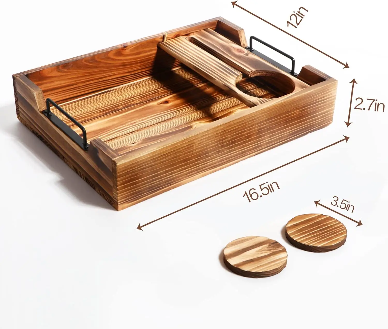 Bamboo wood snack coffee serving table tray with removable glass holder, large acacia wood ottoman tray with metal handles