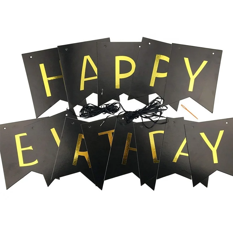 Black Happy Birthday Bunting Banner with Shiny Gold Letters Party Supplies