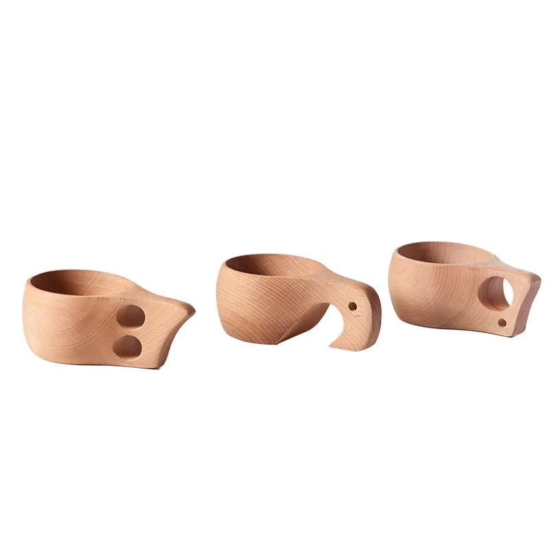 Wholesale Custom LOGO Wooden Finland Mug Japanese Milk Coffee Cup Outdoor Camping Portable Water Kuksa Cup With Hiking Handle