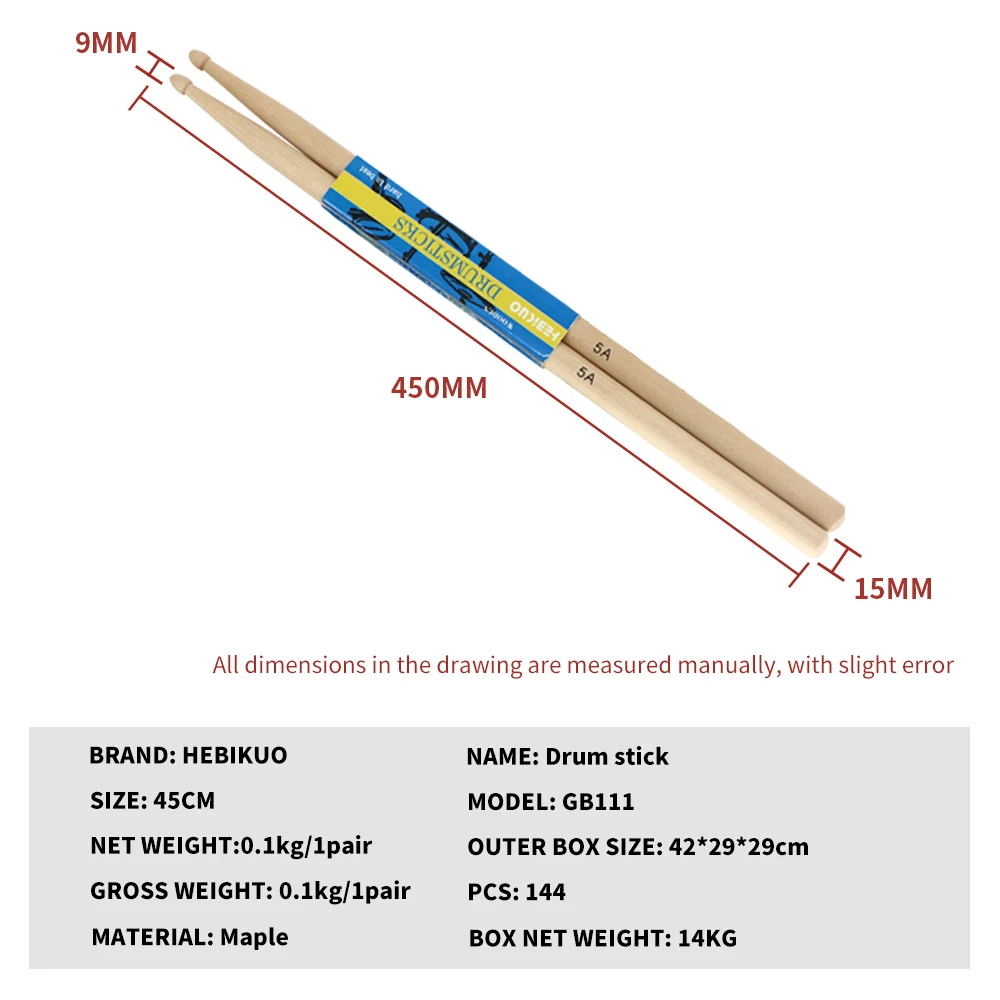 OEM/ODM Practice Hickory Drum Stick 7A 5A 5B Premium Maple Drumsticks Child Adult Drum Kit