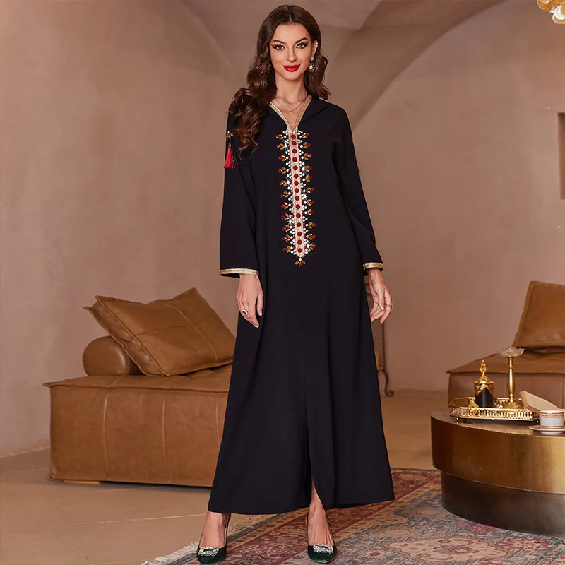 Black hooded style abaya manufacturing hand sewn diamond patchwork gold woven belt hoodie abaya dress muslim Middle East Morocco
