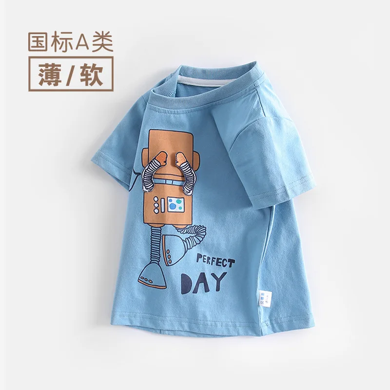 2023 New Summer Toddler Kid Boy Cotton Blue White Cute Print Short Shirt 1-6 Years