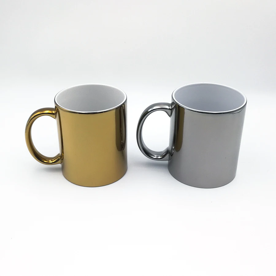 Topjlh Wholesale custom Sublimation 11 oz ceramic gold Plated coffee Mirror Mugs with Metallic electroplated glaze