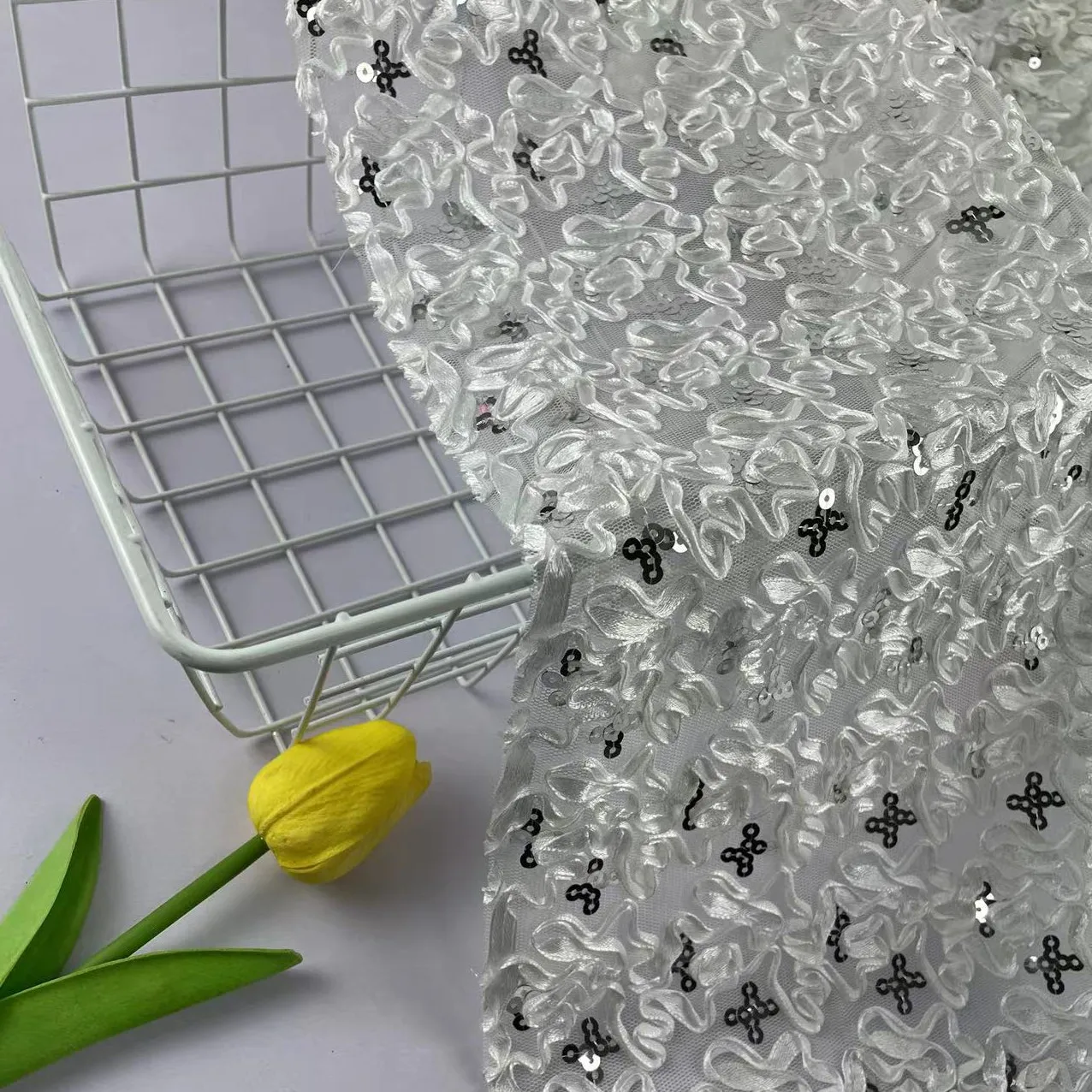 2023 New Lace Mesh White Sequins Embroider Dance Wear Costume Wedding 130 Width Fashion Design American