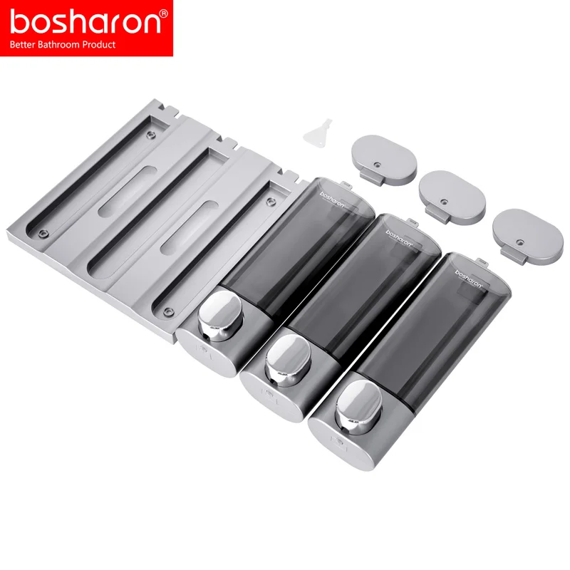 Bosharon Hotel Manual Soap Dispenser Triple Head 3 Chamber Wall Mount Hand Soap Bottle Shampoo Shower Gel Dispenser With Lock