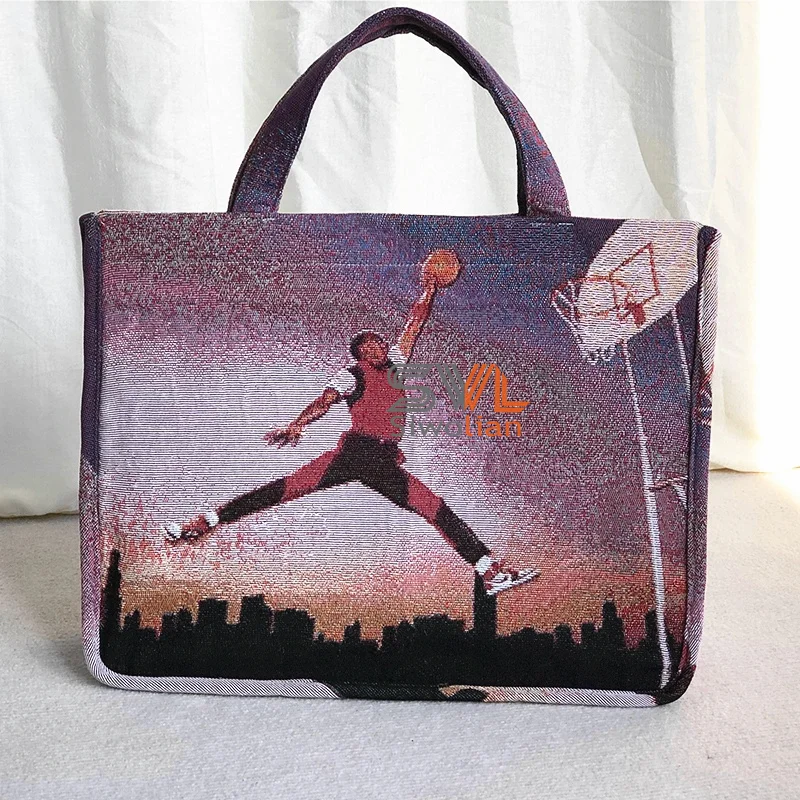 High Street Tapestry fabric Woman Custom tote bags woven tapestry shopping bag tote bag with pocket and zipper