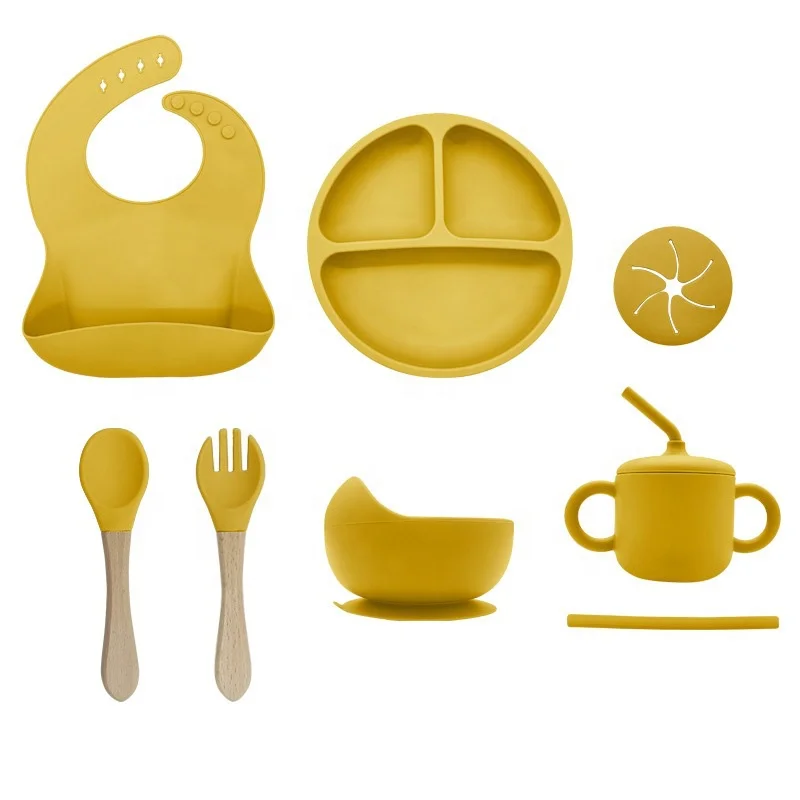 Пищевая силиконовая чашка для кормления ребенка нагрудник присоска тарелка и деревянная ручка Ложка Вилка Набор детской посуды