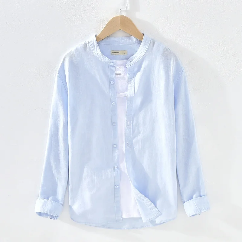Factory wholesale men high quality linen cotton stand collar casual shirt long sleeve
