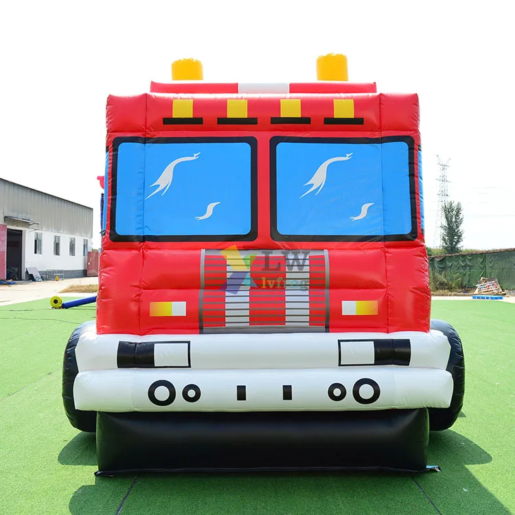 Factory sale Inflatable bouncer firetruck obstacle 3 in 1 game fire truck bounce house with slide commercial