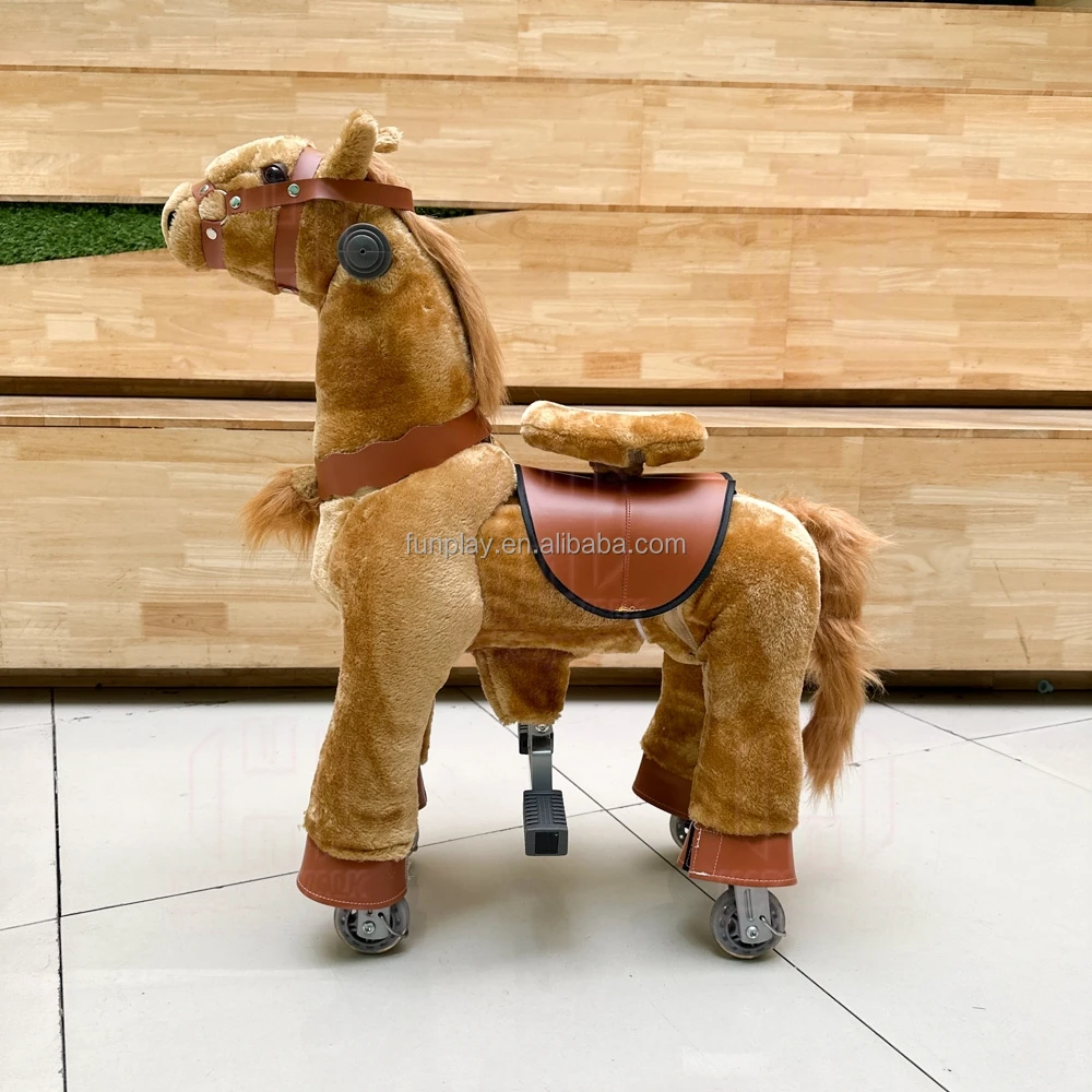Cute hot sale light brown color mechanical horse with wheels toddler toys animals riding ride on animals for kids