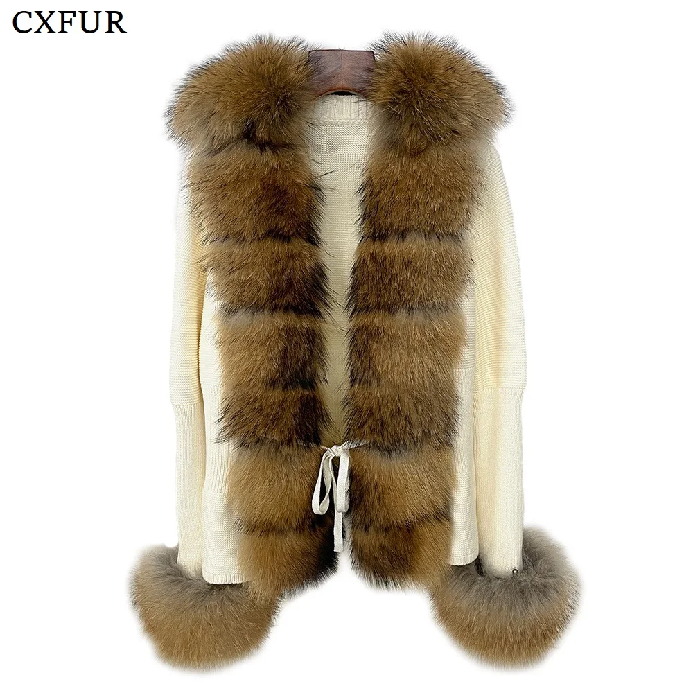 CX-G-A-291D Natural Color Decor Real Raccoon Fur Collar Cuffs Knit Cardigan Coat Jacket Women