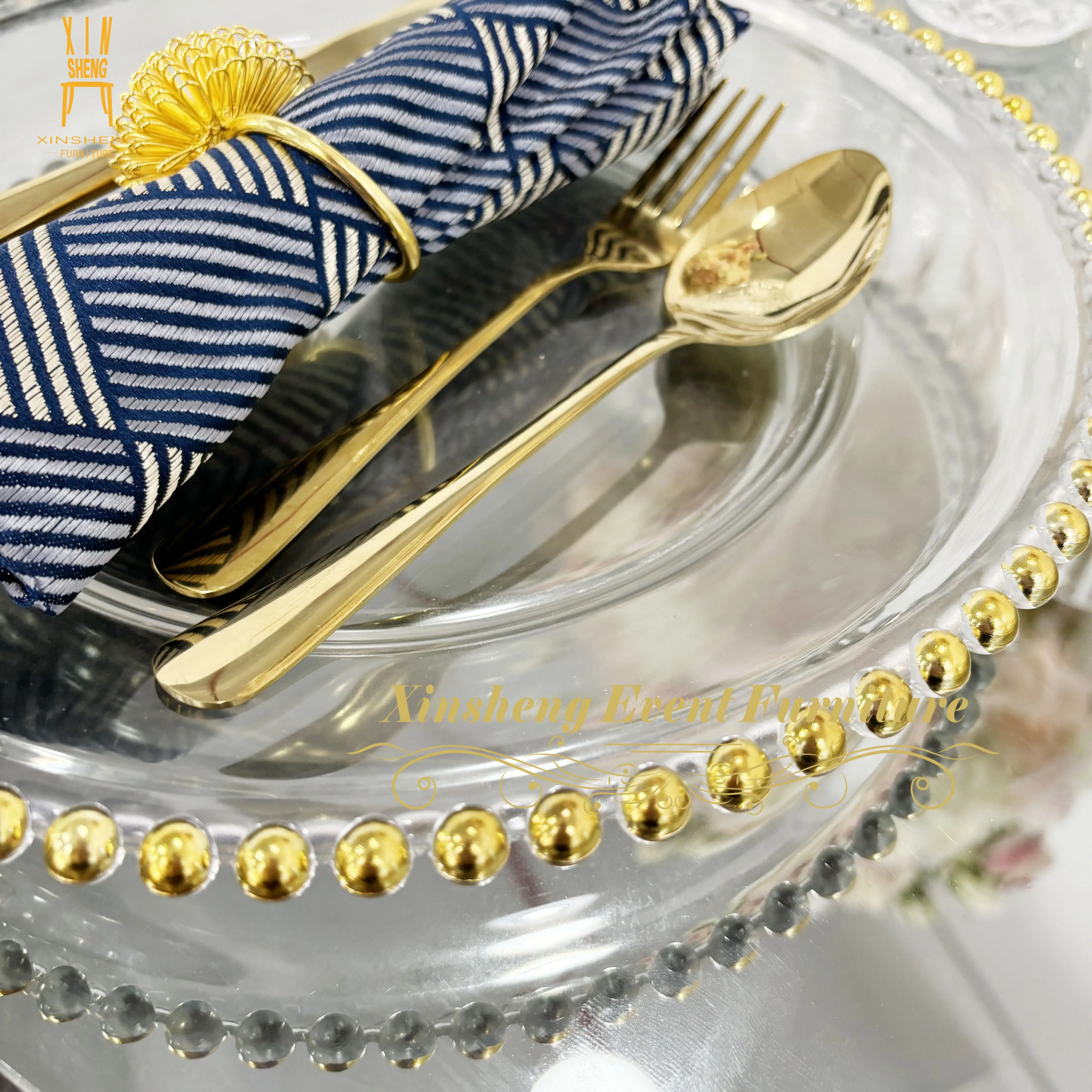 Factory Price Transparent Dinner Plate Glass With Gold Rim Beaded Party Events Banquet Wedding Tableware